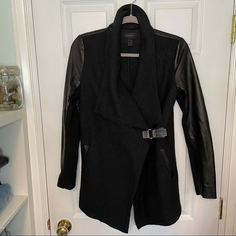 𝅺DANIER Leather and Wool Black Belted Long Coat Jacket 2